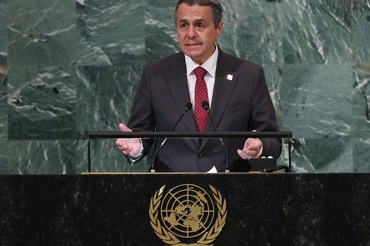Le conseiller fédéral Ignazio Cassis doit également s'exprimer vendredi sur l'Ukraine devant l'Assemblée générale et le Conseil de sécurité de l'ONU (archives). © KEYSTONE/EPA/JUSTIN LANE